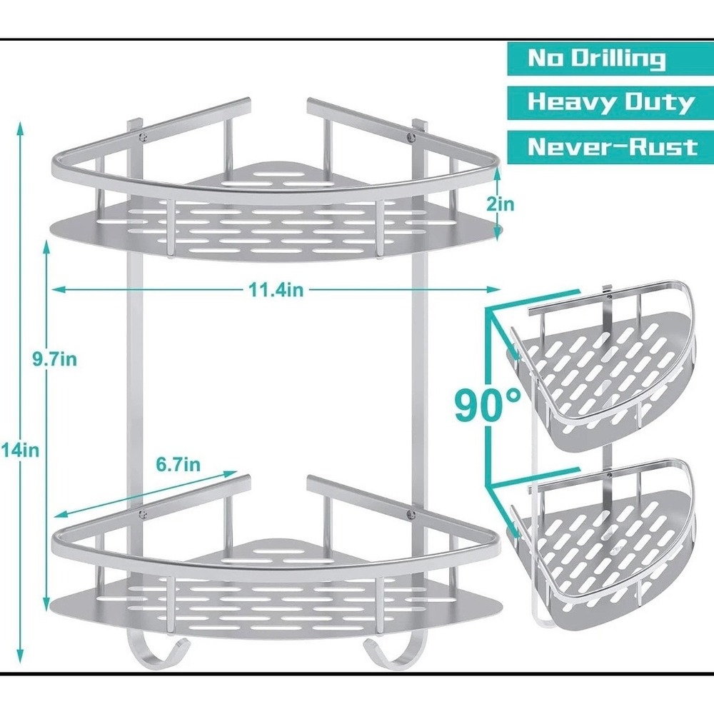 2 Tier Aluminum Corner Shower Caddy Silver Rustproof No Drill Adhesive Organizer